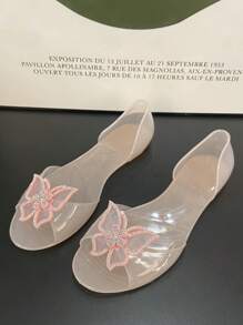 Zomer Peep-Toe Platte Sandalen Met Strass Strik Jelly Schoenen, Antislip Zachte Bodem Plastic Lage Vamp Strandvakantie Sandalen