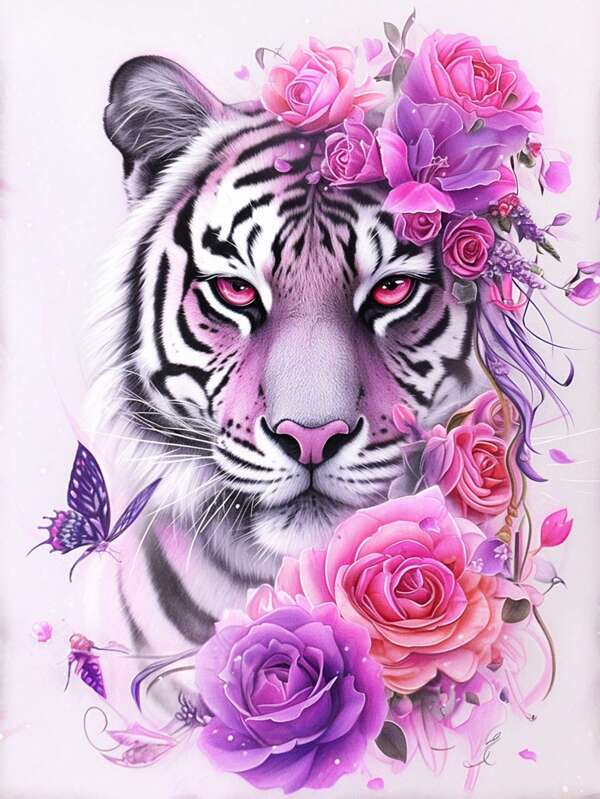 Pintura de diamantes DIY de tigre con corona de flores, decoración del hogar, artesanía hecha a mano en forma de colgante, pintura de diamante redonda completa de punto de cruz creativa de arte de dibujos animados, personalización de regalo