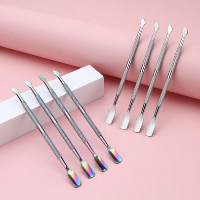 4pcs Stainless Steel Manicure Tools Set: Double-Ended Nail Polish Remover & Cuticle Pusher, Nail & Dead Skin Knife