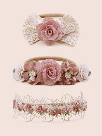 3pcs/Set Rose Pink Lace Bowknot & Flower Baby Headband Love Valentine