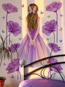 1 set Pegatinas de pared de mariposas y flores moradas de gran tamaño para niñas, decoración de dormitorio, pegatinas, vinilos decorativos para el hogar, artículos de decoración de primavera para refrescar tu hogar, pegatinas de decoración de ramas - Multicolor - Ver 9