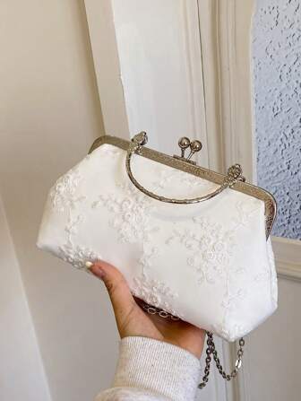 White Lovely Lace Flower Material Handbag Shoulder Bag With Chain Women Evening Bags Clutches Bag  Perfect For Party, Wedding, Prom, Dinner/Banquet, Matching With Wedding Dress,Formal Dresses, Prom Dress, Birthday Dress ﻿