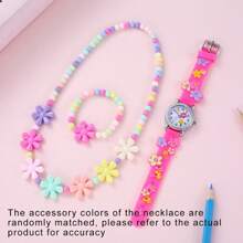1pc Kids Flower Detail Silicone Strap Round Dial Quartz Watch & 2pcs Jewelry Set For Party
