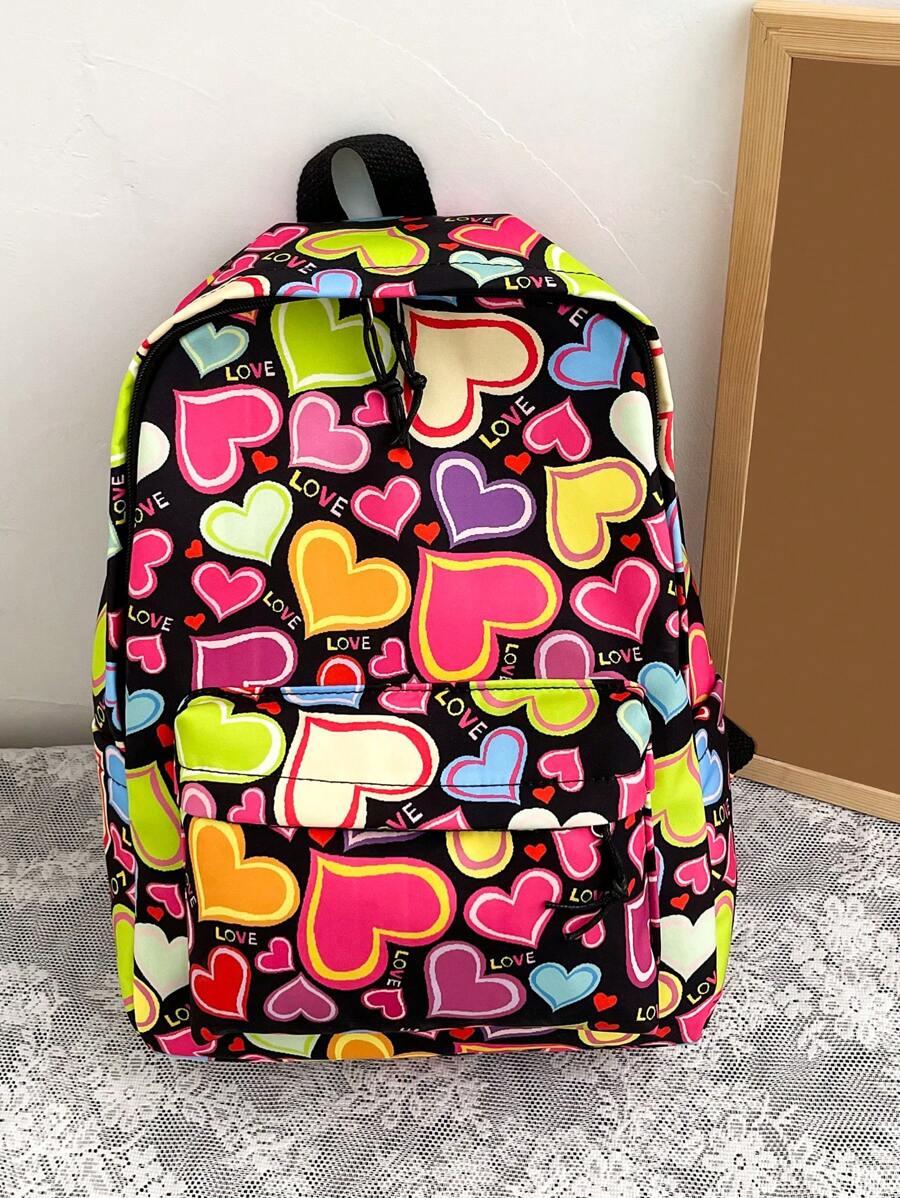 1个可爱卡通儿童背包，幼儿园学生书包玩具背包，多功能轻便便携，带拉链和可调节肩带，适合日常方形包、旅行、度假、户外购物、生日、上学等各种场合，是送给女儿的生日礼物，纯色尼龙材质，卡通爱心涂鸦图案，新款时尚休闲包，适合学生、女孩、闺蜜、婴幼儿，旅行配件 - 黑色 - 查看 1