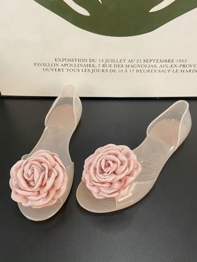 Women's Flat Summer Sandals Flower Beach Vacation Jelly Shoes Crystal Shoes Plastic Beach Slippers Open Toe Shoes