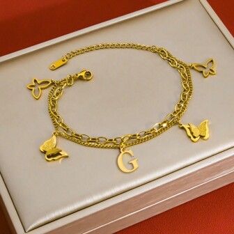 A Set Of 26 English Letter Butterfly Shaped Stainless Steel Bracelets For Women, With The First Letter Bracelet For Couples