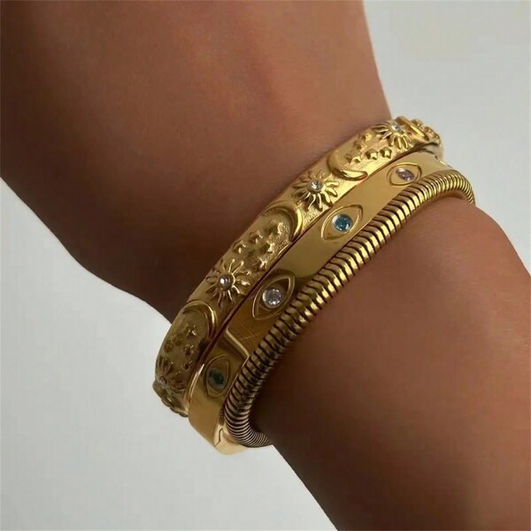 Aritio 1pc Retro Personalized 18K Gold Plated Stainless Steel Sun, Star & Eye Decorated Bracelet Suitable For Women Daily And Wedding Wear, Gift
