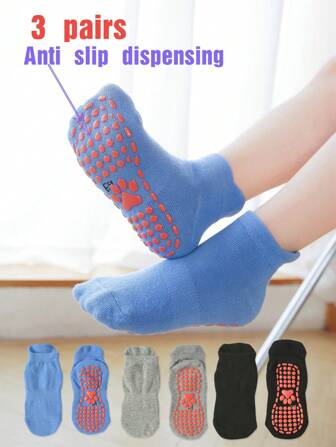 3 Pairs/Set Unisex Floor Socks With 3D Heel & Footprint Print, Non-Slip Dotted Sole And Elastic Cuff, Cute Patterned Anti-Skid Breathable Autumn Socks For Kids, Toddlers And Babies