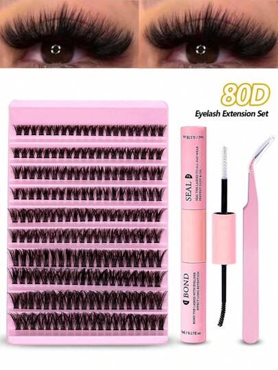 DIY Eyelash Extension Kit 200pcs Individual Lashes Cluster D Curl, 8-16mm Mix Lash Clusters With Lash Bond And Seal And Lash Applicator Tool For Self Application At Home (80D-0.07D-8-16MIX KIT) Lash Clusters Kit,Lashes,Eyelashes,Fake Lashes