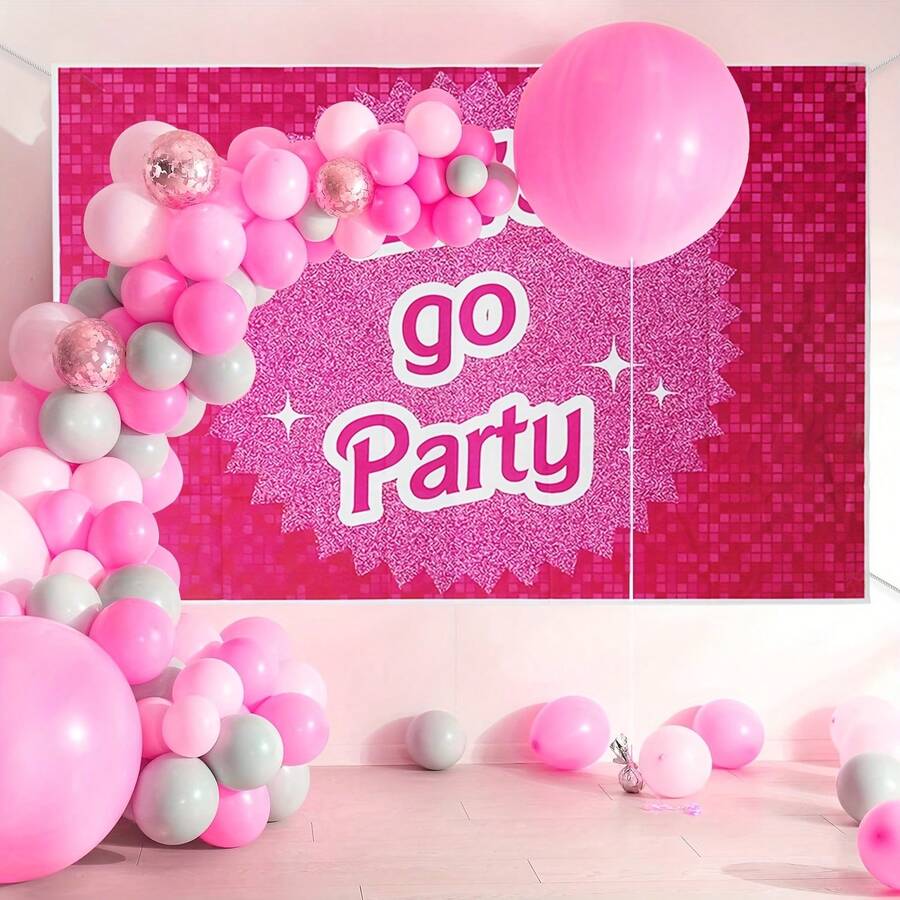 熱粉色閃爍派對女孩生日裝飾銀幕主題背景，Let's Go Party橫幅 - 粉色 - 查看 1