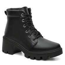 Kit Feminino Bota Coturno Salto Bloco Tratorado Antiderrapante Confortável + Mochila De Ombro Blogueira