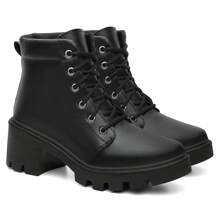 Kit Feminino Bota Coturno Salto Bloco Tratorado Antiderrapante Confortável + Mochila De Ombro Blogueira