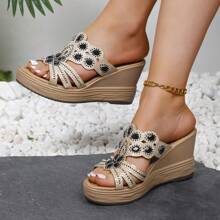 Sandalias de cuña con suela gruesa para mujer, con diseño calado y de pedrería, color azul, para vacaciones de primavera y otoño en la playa - Negro - Ver 2