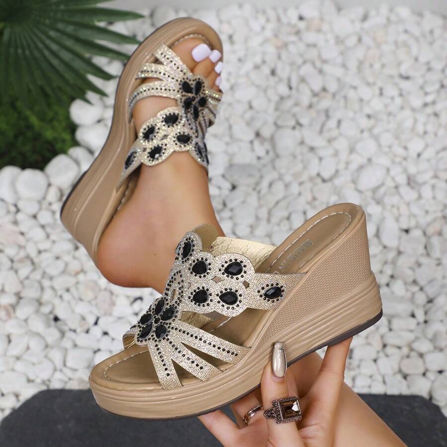 Sandalias de cuña con suela gruesa para mujer, con diseño calado y de pedrería, color azul, para vacaciones de primavera y otoño en la playa - Negro - Ver 1