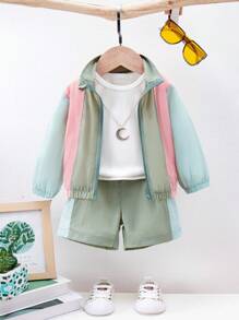 2pcs Baby Girls' Casual Sports Jacket And Shorts Set For Summer - Green - View 2