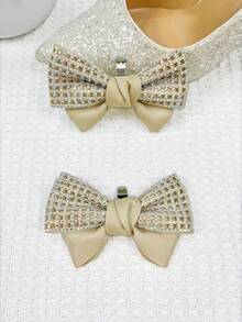 1pair Detachable Colorful Rhinestone & Rhinestone Mesh Bow Tie Shoe Accessory For Women, Suitable For All Types Of Women's Shoes And Clothes