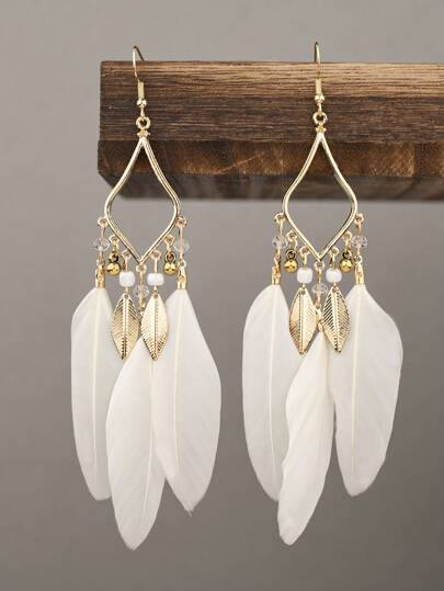 1pair European And American  Geometric Shape Chic Feather Earrings For Women Daily Wear