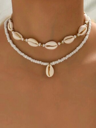 2pcs Bohemian Beach Style Shell And Rice Beaded Necklace Set For Ladies, Ideal For Vacation Gift