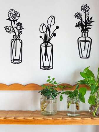 1 pieza/Set de 3 piezas Decoración de pared de flor metálica, decoración de letrero de pared, jarrón de flor de hierro minimalista, decoración de alambre metálico, para cocina, baño, sala de estar, dormitorio, estudio, porche, escultura de pared con flores, decoración del hogar, decoración de habitación, decoración de pared