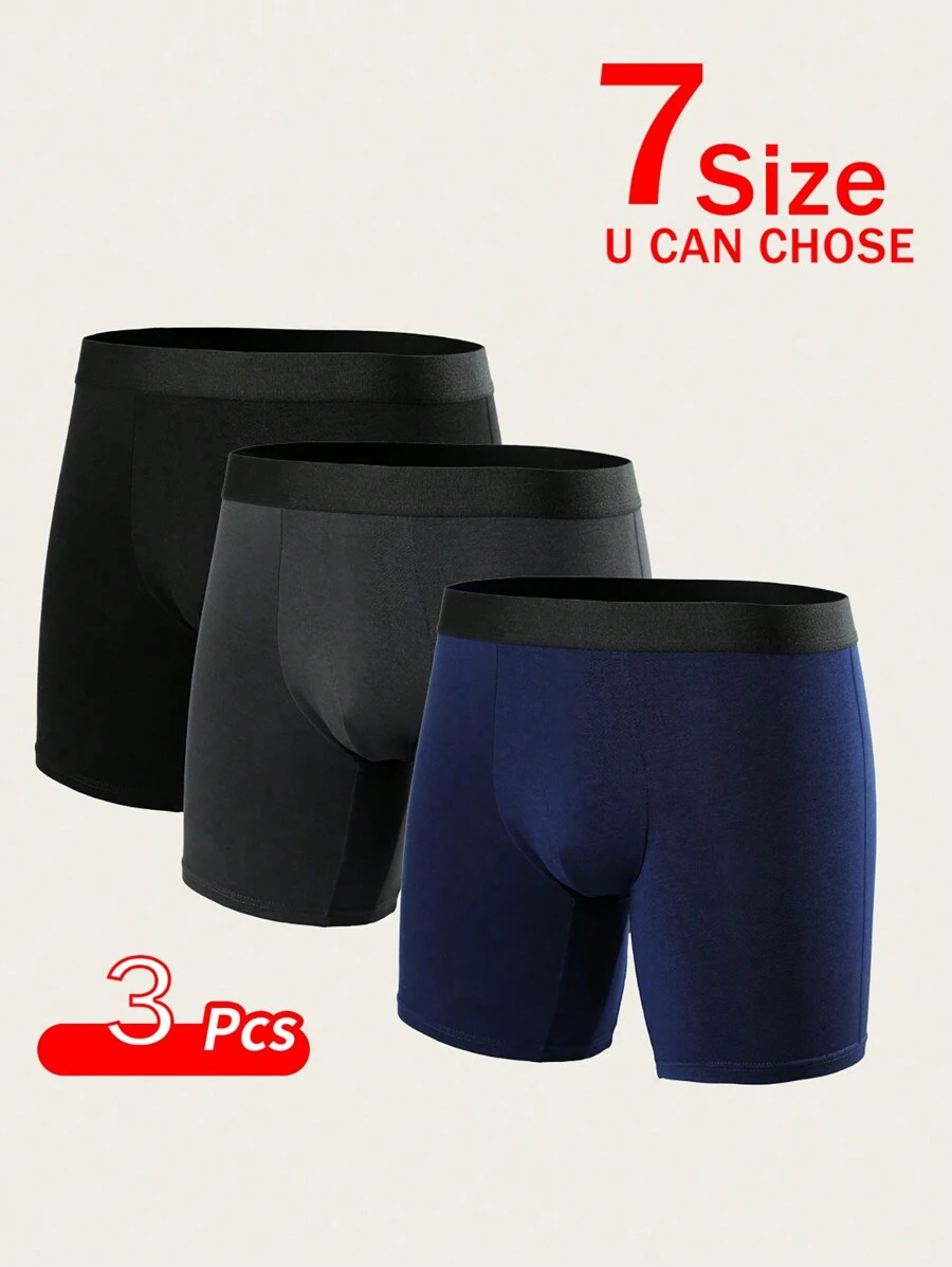 3pcs Men's Comfortable Long Boxer Briefs, Breathable - Multicolor - View 1