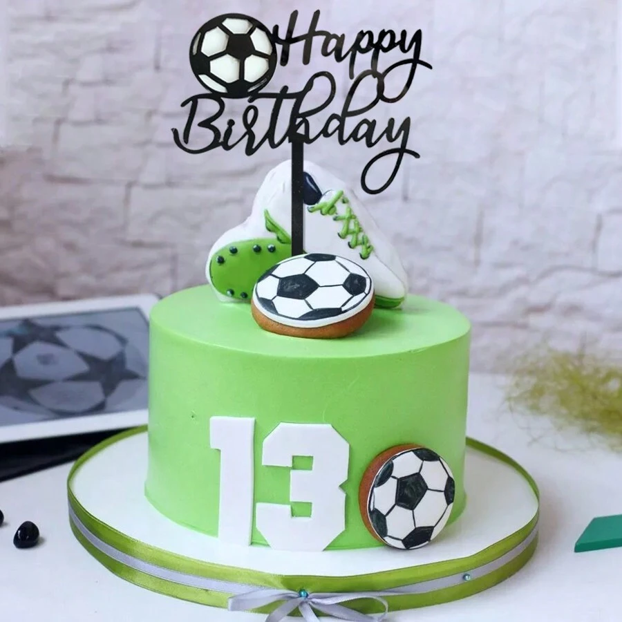 1/3/6 peças de toppers de bolo com tema de futebol e esportes de feliz aniversário - Preto - Ver 1