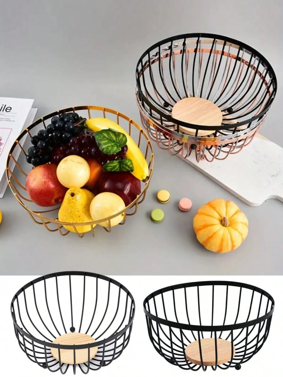 Steel Fruit Bowl With Bamboo - Black - View 1