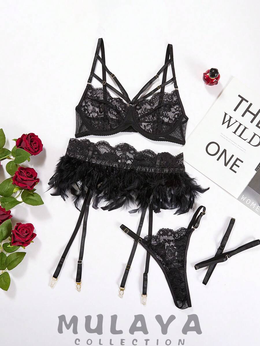 Conjunto De Lencería De Encaje Sexy Para Mujer Que Incluye Sujetador Con Aros, Tanga, Liguero Y Un Par De Anillos De Pierna - Negro - Ver 1