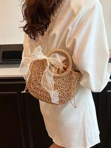 Yogodlns 女士草编手工半月形小单肩包藤编沙滩斜挎包草编斜挎包围巾装饰手工小钱包手提包波西米亚夏季包，时尚柳条包，女士时尚蝴蝶结钱包，夏季时尚度假包