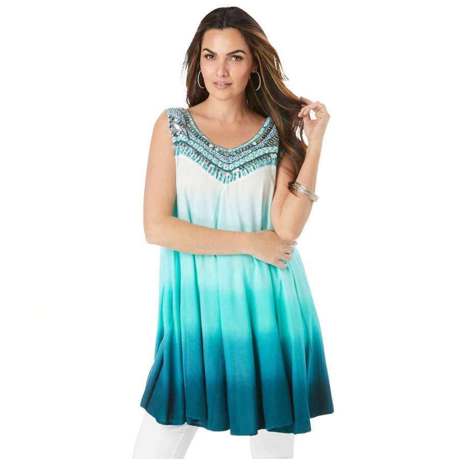 Roaman's Women's Plus Size Dip-Dye Swing Tunic - 祖母綠青色漸變色 - 查看 1