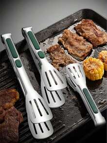 1pc Stainless Steel Silicone Non-Slip BBQ Tongs, Kitchen Cooking Food Clip For Grilling Steak, Barbecue, Bread, Cake, Etc. Suitable For Commercial Use - Silver - View 2