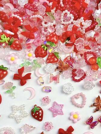 50 piezas Surtido de adornos de uñas con forma de moño/oso de peluche/corazón/luna en color rojo con rhinestones para manualidades de arte de uñas, gemas y suministros para uñas