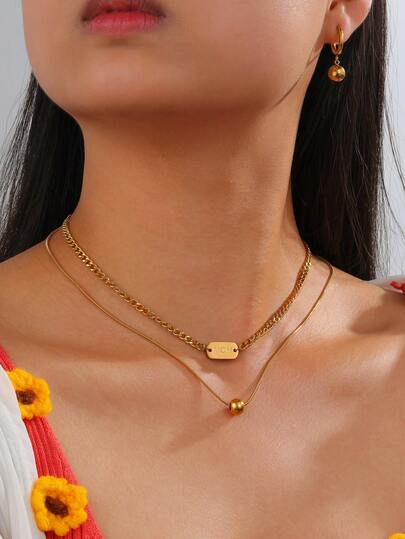 3pcs Mother's Day Gift Simple Jewelry Set, Layered MOM Tag Necklace, Ball Pendant Earrings, Suitable For Women's Vacation, Party, Daily Wear