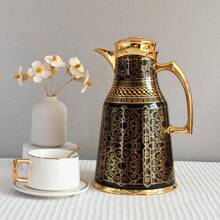 Cafetera térmica de 1000 ml, Body de acero inoxidable de doble pared con patrón dorado, interior de PP, forro interior de vidrio, botella térmica de forma única que mantiene caliente hasta 12 horas/fría hasta 24 horas, servidor/dispensador de café, vuelta al colegio