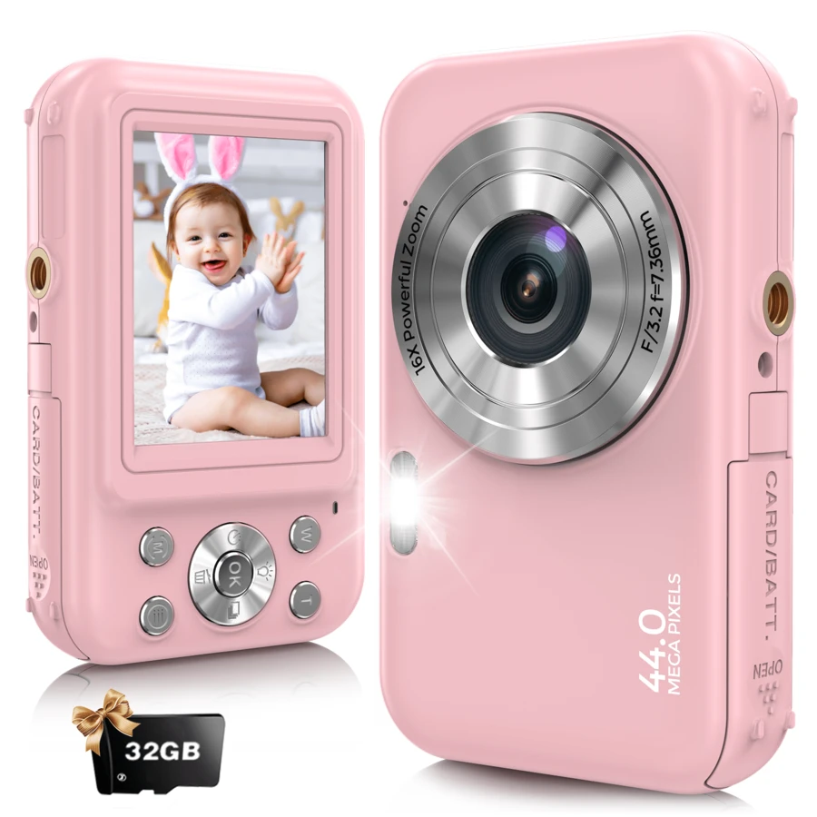 Digital Camera,Compact Camera FHD 1080P 44MP, Vlogging Camera With 16X Digital Zoom, Rechargeable 2.4" Mini Camera With 32GB Memory Card For Beginners - 粉色 - 查看 1