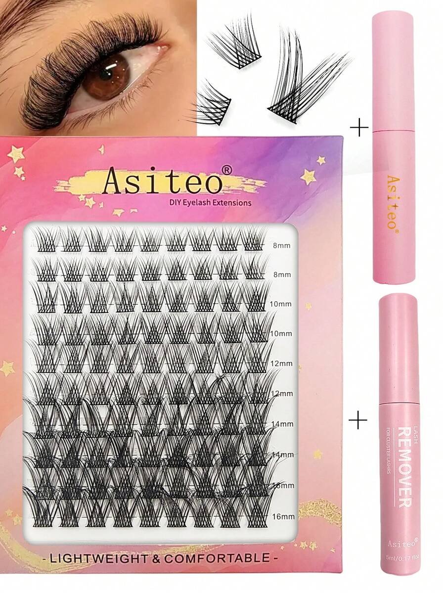 Bộ mở rộng mi tự làm Asiteo 90 chiếc Cụm mi có keo dán mi và tẩy mi Bộ dụng cụ mi riêng lẻ Cụm mi Wispy C Curling Cụm mi giả - Nhiều màu - Xem 1
