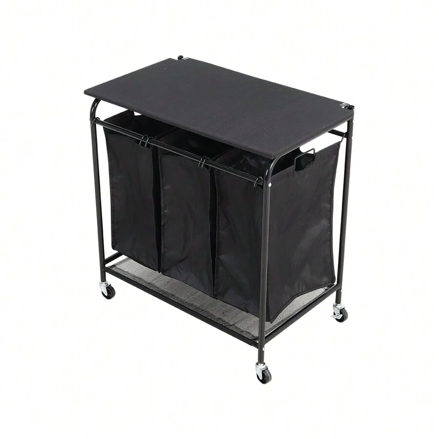 LIVINGANDHOME Living And Home Triple Bag Rolling Laundry Sorter With Lift-Up Ironing Board - Black - View 1
