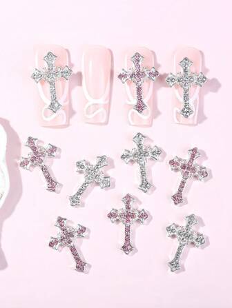 10Pcs 3D Alloy Metal Rhinestone Nail Art Charms, Luxury Rhinestone Cross Pattern Nail Decorations Nail Supplies Nails Nail Gems