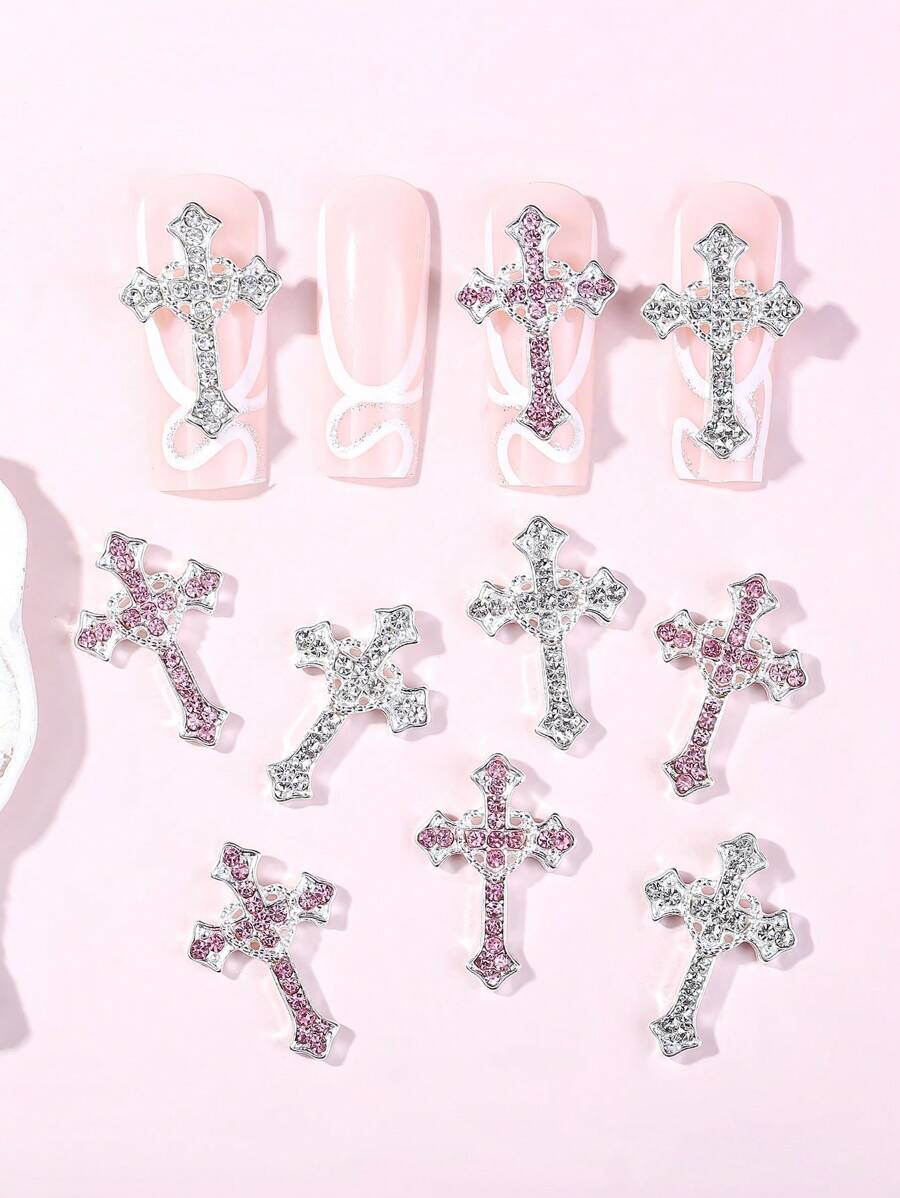 10Pcs 3D Alloy Metal Rhinestone Nail Art Charms, Luxury Rhinestone Cross Pattern Nail Decorations Nail Supplies Nails Nail Gems - Multicolor - View 1