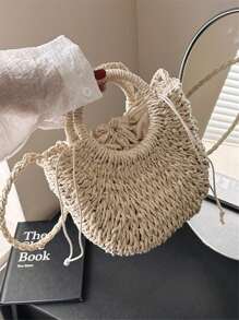 Bolso de hombro pequeño y casual para mujer, hecho a mano con asa redonda y cierre con cordón, en unicolor, adecuado para el verano. Un regalo ideal para vacaciones, vacaciones, bolso de paja, bolso de playa, necesidades de playa, artículos de playa y esenciales de verano, bolso de vacaciones de para el verano.