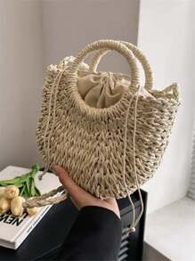 Bolso de hombro pequeño y casual para mujer, hecho a mano con asa redonda y cierre con cordón, en unicolor, adecuado para el verano. Un regalo ideal para vacaciones, vacaciones, bolso de paja, bolso de playa, necesidades de playa, artículos de playa y esenciales de verano, bolso de vacaciones de para el verano.