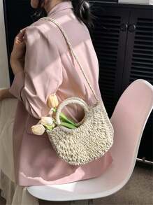 Bolso de hombro pequeño y casual para mujer, hecho a mano con asa redonda y cierre con cordón, en unicolor, adecuado para el verano. Un regalo ideal para vacaciones, vacaciones, bolso de paja, bolso de playa, necesidades de playa, artículos de playa y esenciales de verano, bolso de vacaciones de para el verano.
