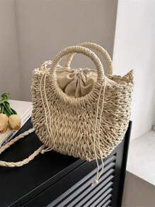 Bolso de hombro pequeño y casual para mujer, hecho a mano con asa redonda y cierre con cordón, en unicolor, adecuado para el verano. Un regalo ideal para vacaciones, vacaciones, bolso de paja, bolso de playa, necesidades de playa, artículos de playa y esenciales de verano, bolso de vacaciones de para el verano.