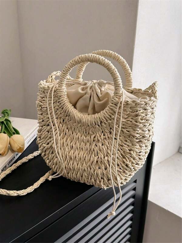 Handmade Solid Color Round Handle Woven With Drawstring Closure,Suitabale For Summer,Women Mini Casual Shoulder Bag,Ideal Gift,Women Bags For Vacation,Holiday, Straw Purse, Straw Beach Bag, Beach Necessities, Beach Essentials,Beach Stuff & Summer Essentials, Vacation Bag For Summer