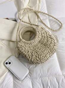 Bolso de hombro pequeño y casual para mujer, hecho a mano con asa redonda y cierre con cordón, en unicolor, adecuado para el verano. Un regalo ideal para vacaciones, vacaciones, bolso de paja, bolso de playa, necesidades de playa, artículos de playa y esenciales de verano, bolso de vacaciones de para el verano.
