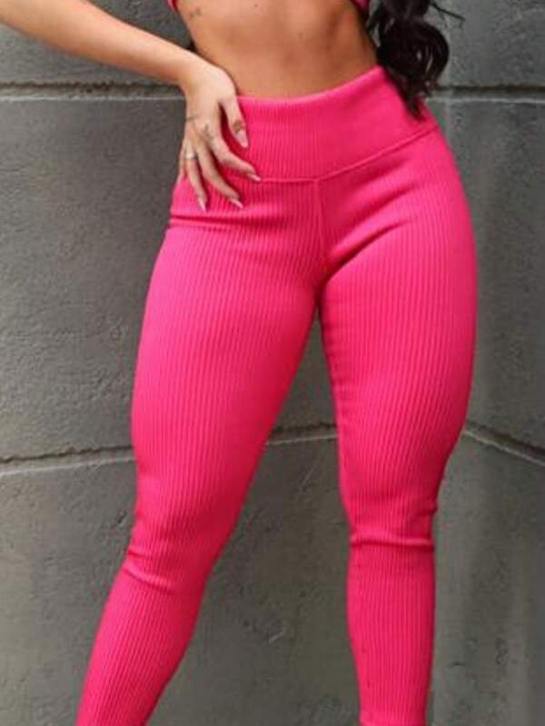 Calça legging feminina cores canelada 3D cos largo