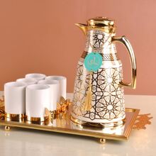 Cafetera térmica de 1000 ml, Body de acero inoxidable de doble pared con patrón dorado, interior de PP, forro interior de vidrio, botella térmica de forma única que mantiene caliente hasta 12 horas/fría hasta 24 horas, servidor/dispensador de café, vuelta al colegio