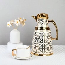 Cafetera térmica de 1000 ml, Body de acero inoxidable de doble pared con patrón dorado, interior de PP, forro interior de vidrio, botella térmica de forma única que mantiene caliente hasta 12 horas/fría hasta 24 horas, servidor/dispensador de café, vuelta al colegio