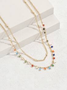 Tropiscape 1pc Beach Vacation Style Handmade Beaded Moon Double Layered Necklace With Colorful Rice Beads Beach