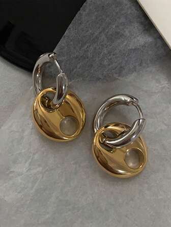 1pair Stainless Steel Waterproof Vintage Two-Tone Pig Nose Design Earrings, Fade-Resistant For Daily Wear By Women