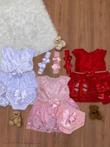 Kit 3 vestidos luxo festa bebê + 3 calcinha bunda rica + 3 laço luxo + sapatinho princesa baby
